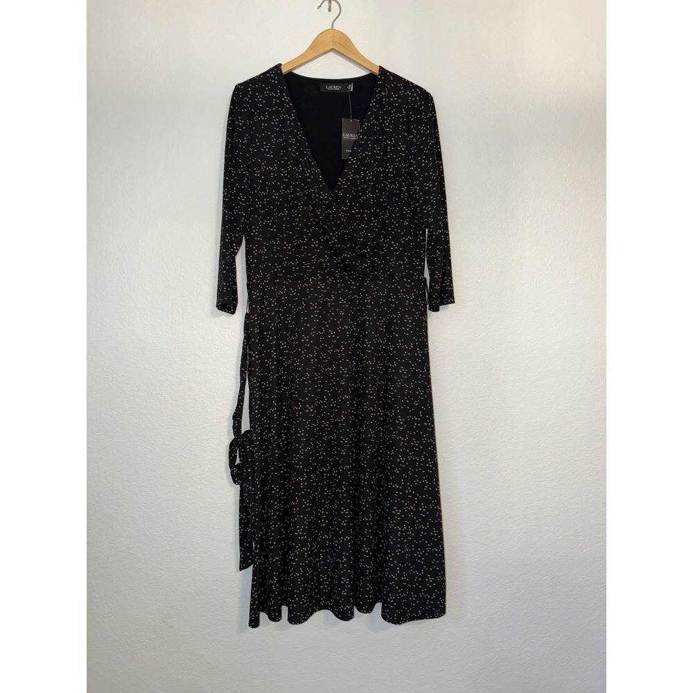 NWT Lauren Ralph Lauren Wrap Dress Size 16 Black Beige Print Midi Jersey Stretch